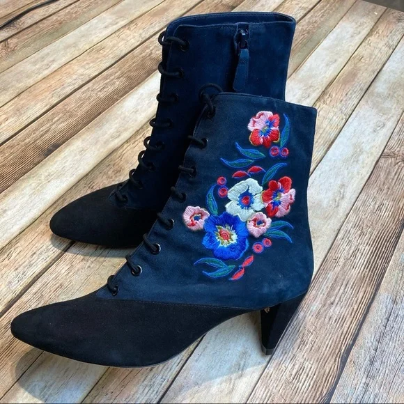 Tory Burch Cassidy Floral Embroidery Pointy Toe Boot, Size 8 M - Black